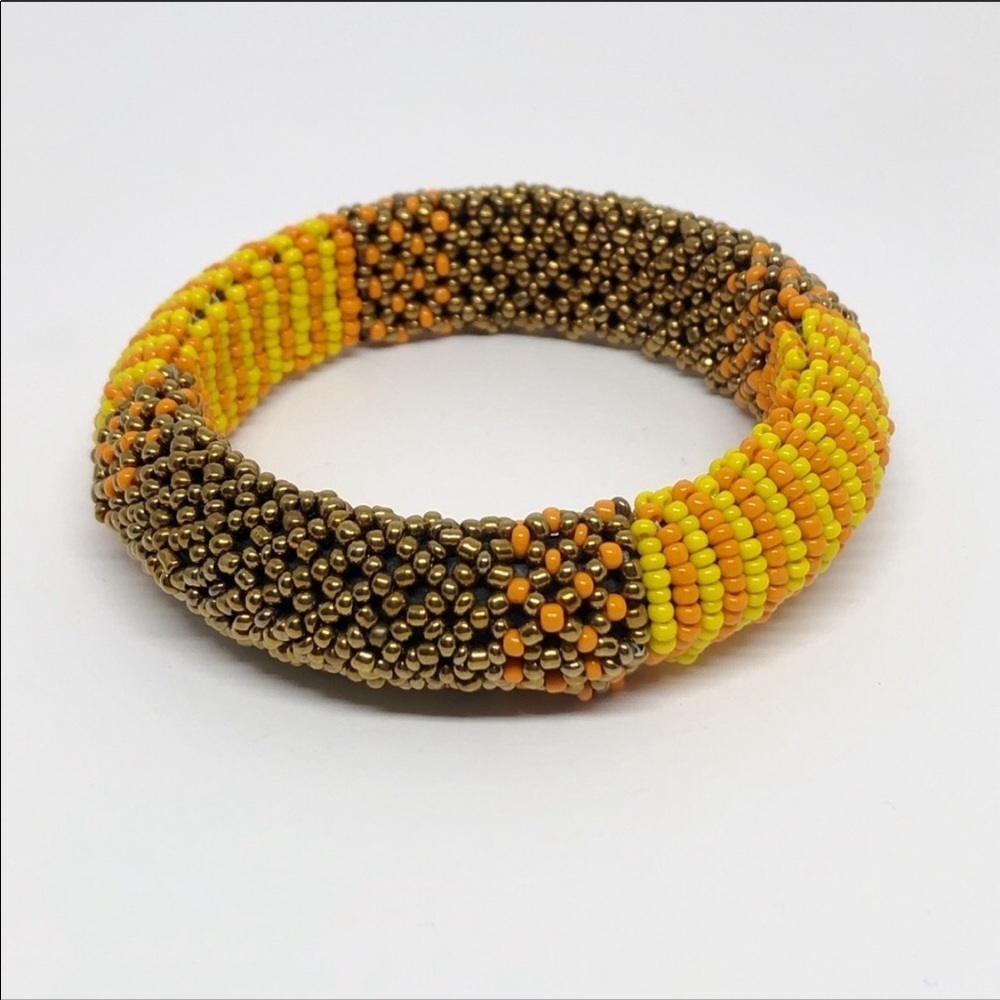 Artisan Seed Bead Bangle Bracelet | Yellow Orange & Bronze